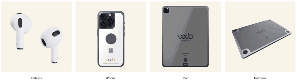 Four electronic devices—earbuds, an iPhone, an iPad, and a MacBook—each displaying a logo and QR code on a light background.